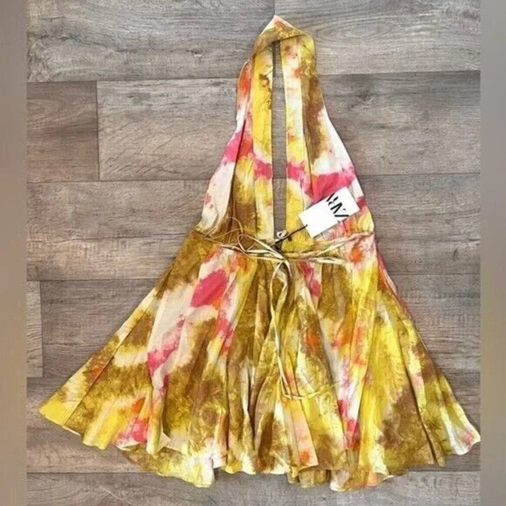 ZARA Yellow Floral Halter Mini Dress Open Back Resort Vacation Sundress NWT - Picture 15 of 16